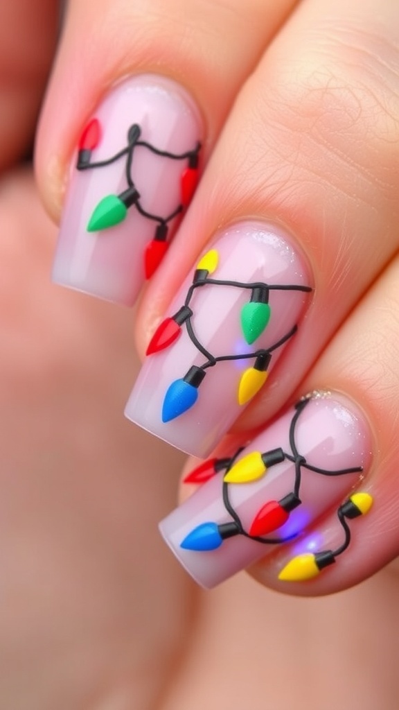Short acrylic nails with Christmas lights design in vibrant colors.